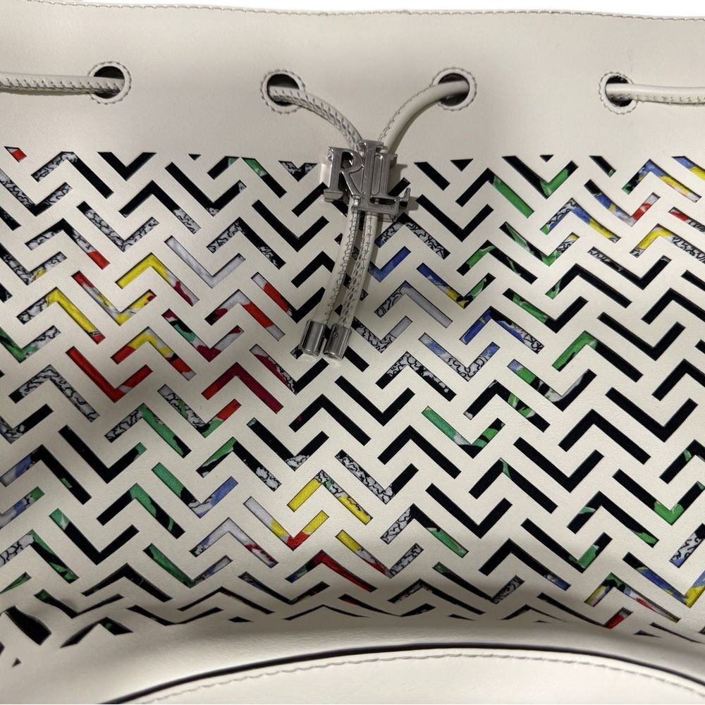 Lauren Ralph Lauren Andie Perforated Multicolor Vanilla Leather Drawstring Bag - Picture 7 of 13